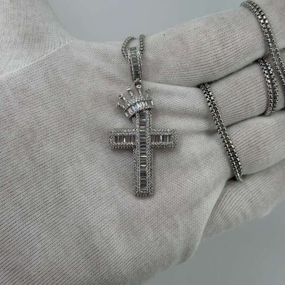 Jewelry - 925 Sterling Silver White Gold Dipped Crown Cross Pendant CZ Iced Approx 10g